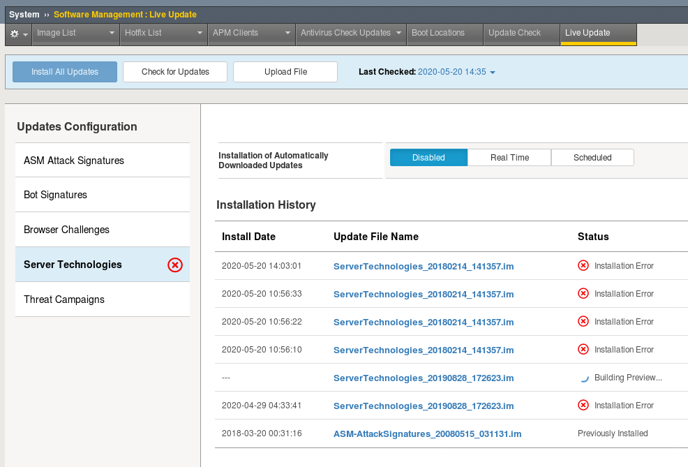 ASM Live Update failing for Server Technologies | DevCentral