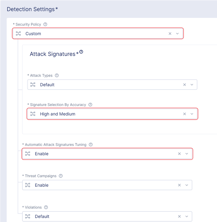 Fig 1: Security policy settings to enable Automatic Attack Signature Tuning
