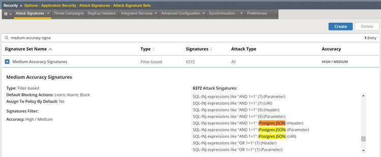 "AND" POSTGRE JSON attack signature