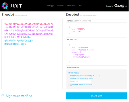 An example JWT generated at jwt.io. JWT's should be kept secure in production. Never share your JWT.